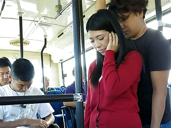 Black-haired Aimi Nagano gets her taut crevice opened up in a bus ride
